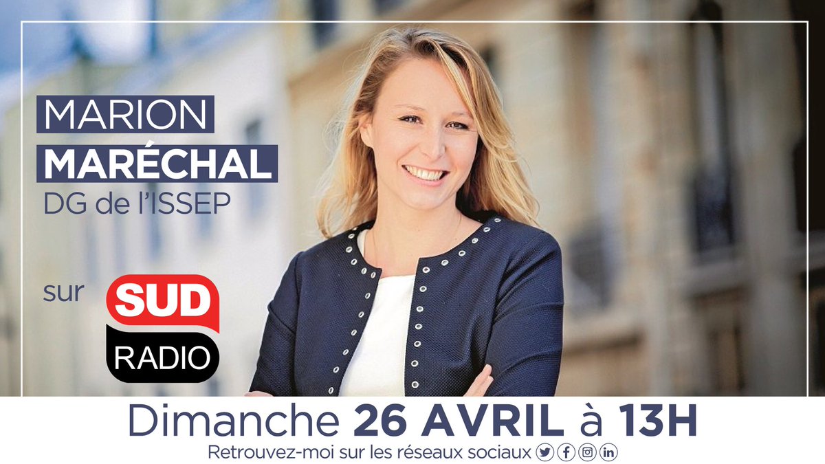 MarionMarechal's tweet photo. Je vous donne rendez-vous demain à 13h sur @SudRadio. Au programme: une heure d’interview sur les grands sujets d’actualité et l’avenir de notre pays après la crise. À demain! https://t.co/JVkcgdqVzz