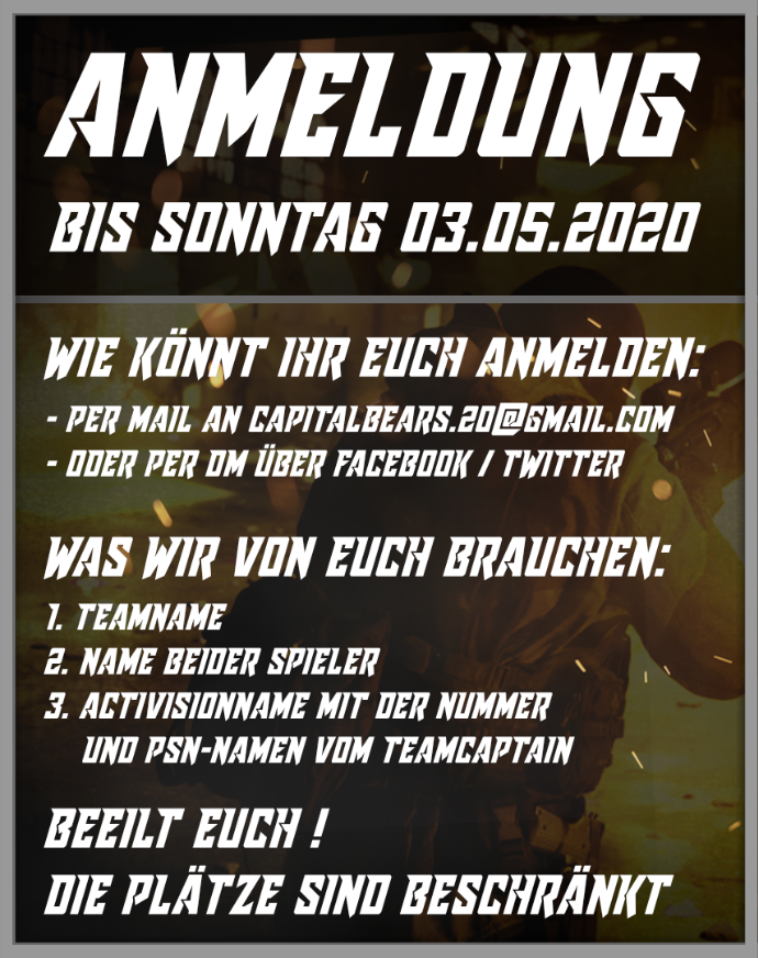 Hier sind alle Informationen, die ihr braucht um euch am aller ersten COD MW Turnier von uns anzumelden. 

Beeilt euch, die Teilnehmeranzahl ist beschränkt.