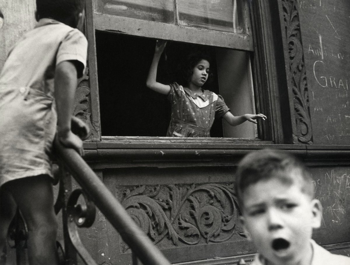 Images of children in NYC by prolific American street photographer Helen Levitt, 1940s, known for her early shots around East Harlem and the Lower East Side as well as her pioneering work with color photography in the 60s