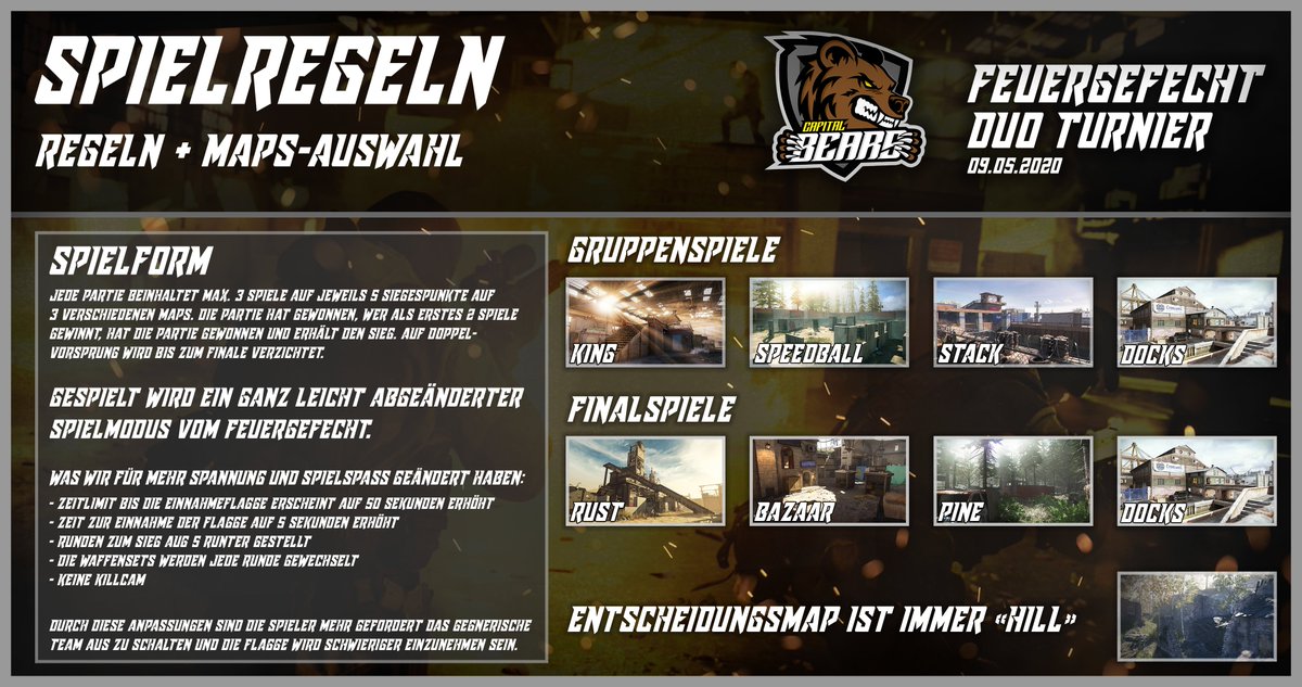 Hier sind die Spielregeln und die Maps, welche Gespielt werden.

Es ist so ausgelegt, dass jedes Team jede Gruppenspielmap einmal spielt + wenn es zu einem Entscheidungsspiel kommt wird dieses immer auf Hill ausgetragen.