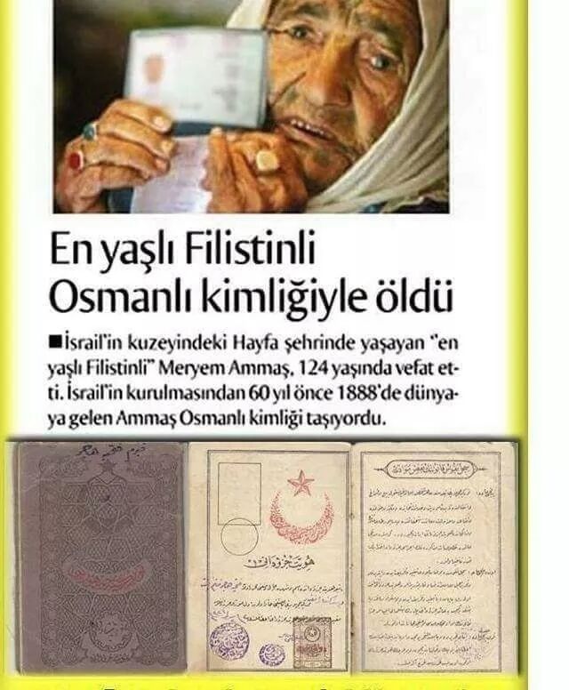 Bilinen En yaşlı Filistin li  
Meryem Ammas '' Ninemiz Osmanlı kimliği ile hayat gözlerini yummuş

Mekanı Cennet Olsun

Âllâh azze veccelle ebediyetini cennet eylesin
#cumartesi