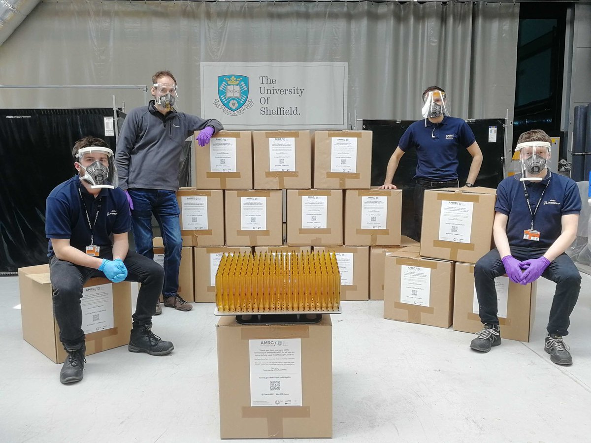 They've done it 🙌 A top team from @TheAMRC has been working flat out to rapidly manufacture #3Dprinted #PPE #facevisors for @NHS workers on the frontline @SheffieldHosp - 2400 about to be delivered to the Northern General, bringing the total to 3400. Well done! #BeatCOVID19