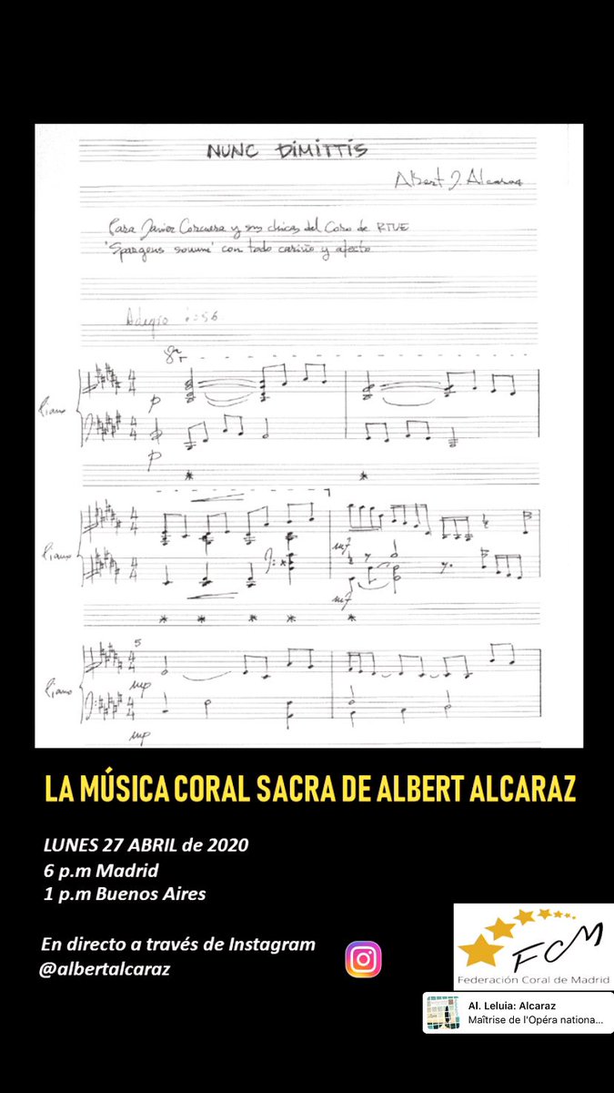 albertalcaraz's tweet photo. Hola, 
si te apetece compartir un rato conmigo y conocer un poco de mi música para coro, el próximo lunes te espero...
#Federacioncoraldemadrid @CMediciones #lamadeguido #santabarbaramusicpublishing  #alliancemusic #musikalspezial #ferrimontana #polymniamusicpublishing #coro https://t.co/iP9EDpQLOB