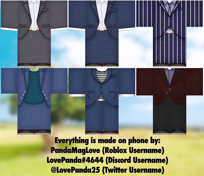 LovePanda25's tweet photo. Finally finished them all.
It took me 7-9 hours to made them.
All of them were made on phone.
Made them for 2.7k robux.

#roblox #robloxart #robloxoutfit #robloxdev #robloxclothing #robloxoutfit #robloxdesigner #robloxclothingdesigner #Robloxdesign #robloxshirt
#robloxsuit #rblx https://t.co/rJA9b3oKau