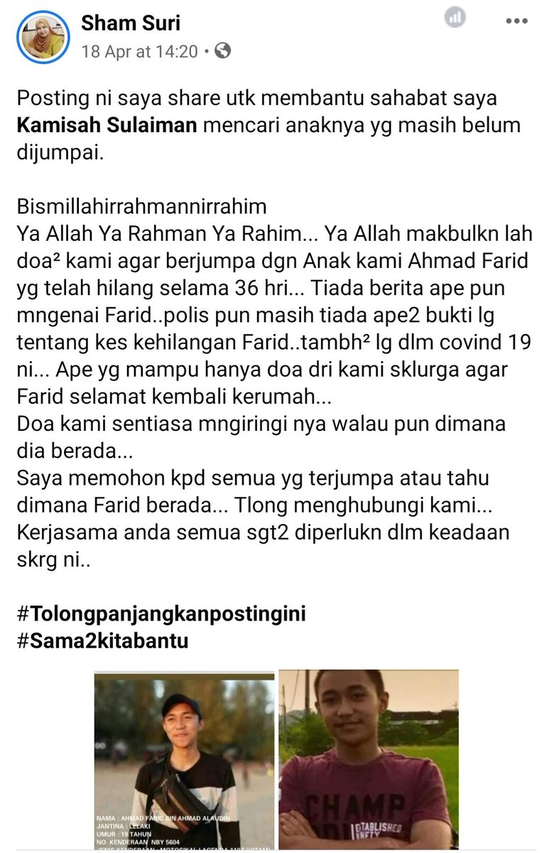JangxN9's tweet photo. Antara post FB sahabat kepada ibu mangsa, sewaktu peringkat awal kehilangan anak rakannya itu. https://t.co/OTlAHhWFnU