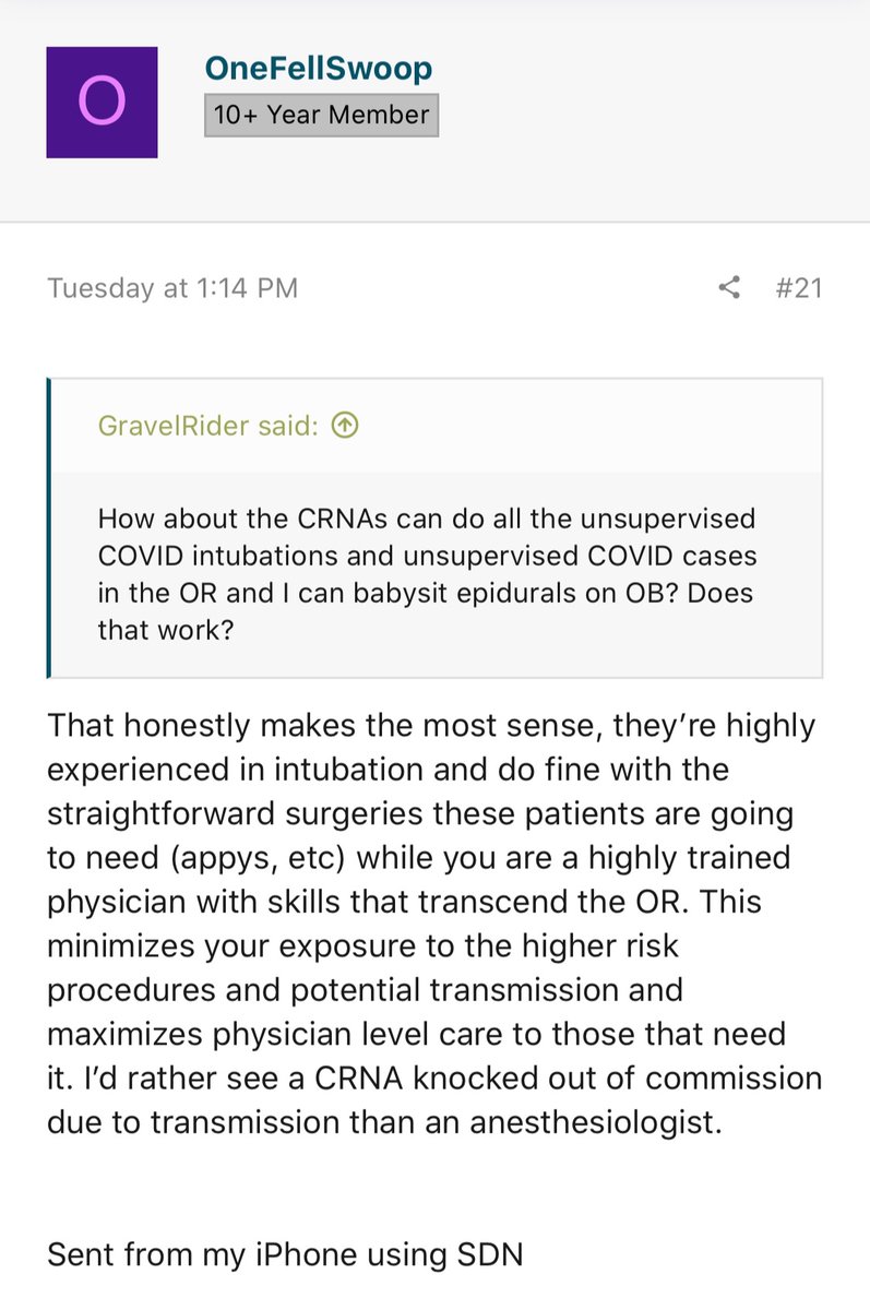AllCrna's tweet photo. @JeromeAdamsMD @Anesthesia2006 And yet so many Physician Anesthesiologists are so quick to defer intubation of covid patients to CRNAs. “I’d rather see CRNAs knocked out of commission due to transmission rather than an Anesthesiologist” MD, former Anesthesia resident of U of MN @UMNews https://t.co/rs3bV29LTK