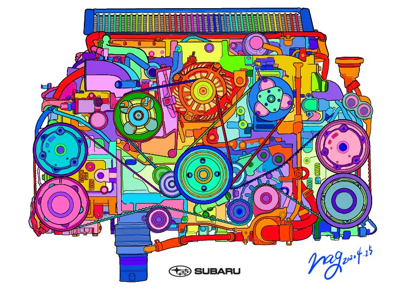 @SUBARU_CORP 私たちを虜にした「マジ駆ル☆エンジン」塗りました！
ほんとうに美しいエンジンですね！
#EJ20 
#subaru塗り絵
#magicalengine 