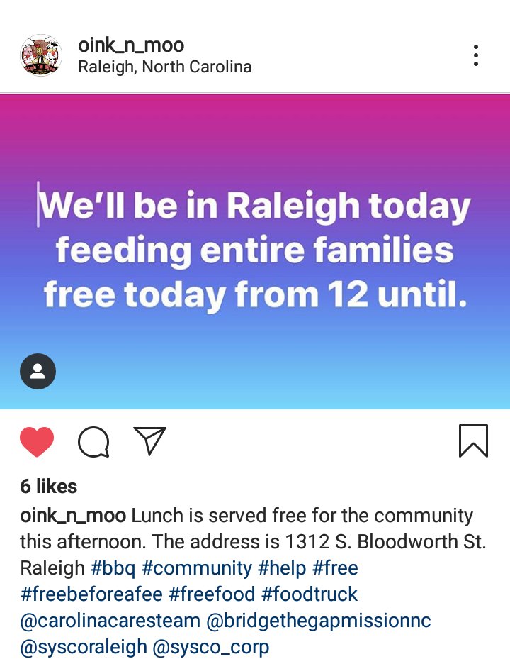teddslist's tweet photo. REPOST+SHARE: Insta @Oink_N_Moo Lunch is served free for the community this afternoon. Addy: 1312 S. Bloodworth St Raleigh NC #bbq #community #help #free #freebeforeafee #freefood #foodtruck @carolinacaresteam @BridgeTheGapNC
@syscoraleigh @sysco_corp 
https://t.co/q7YGWlPyxT https://t.co/vKwQJzRv6K