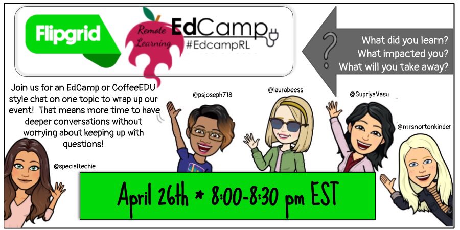mrsnortonkinder's tweet photo. Join us, as we share what impacted you, takeaways, and more from #EdcampRL on @Flipgrid this Sunday, 8-8:30pm EST! ⭐️ @psjoseph718 @laurabeess @SupriyaVasu @specialtechie @KyleHamstra #twitterchat #remotelearning @MrsBoudreau @brian_behrman @mary_mauger #edcamp https://t.co/iACZInf77V