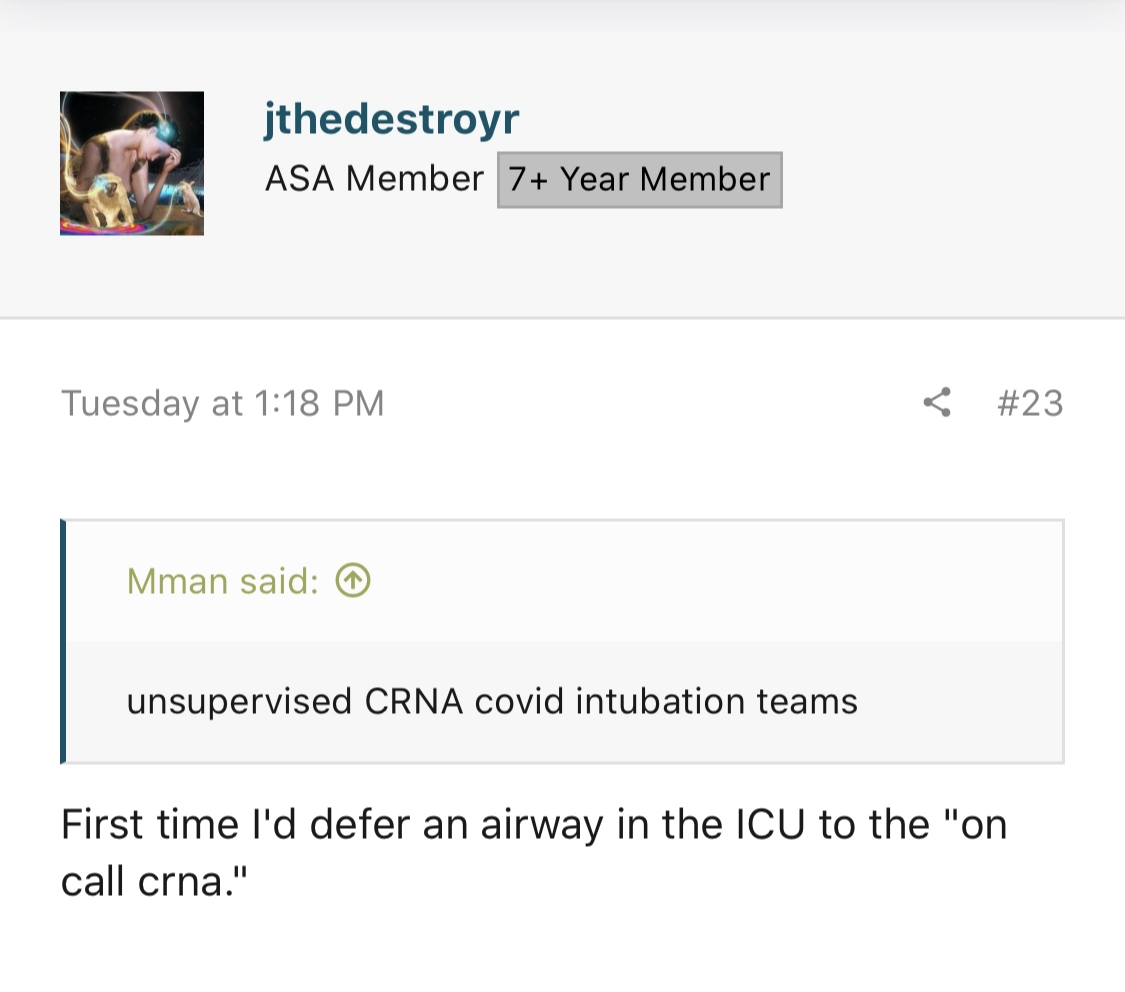 AllCrna's tweet photo. And yet so many Physician Anesthesiologists are quick to defer intubation if covid patients to CRNAs. “I’d rather see CRNAs knocked out of commission due to transmission rather than an Anesthesiologist” MD, former Anesthesia resident of U of MN 
@NYGovCuomo @DeptVetAffairs https://t.co/GzGh2EtjDA