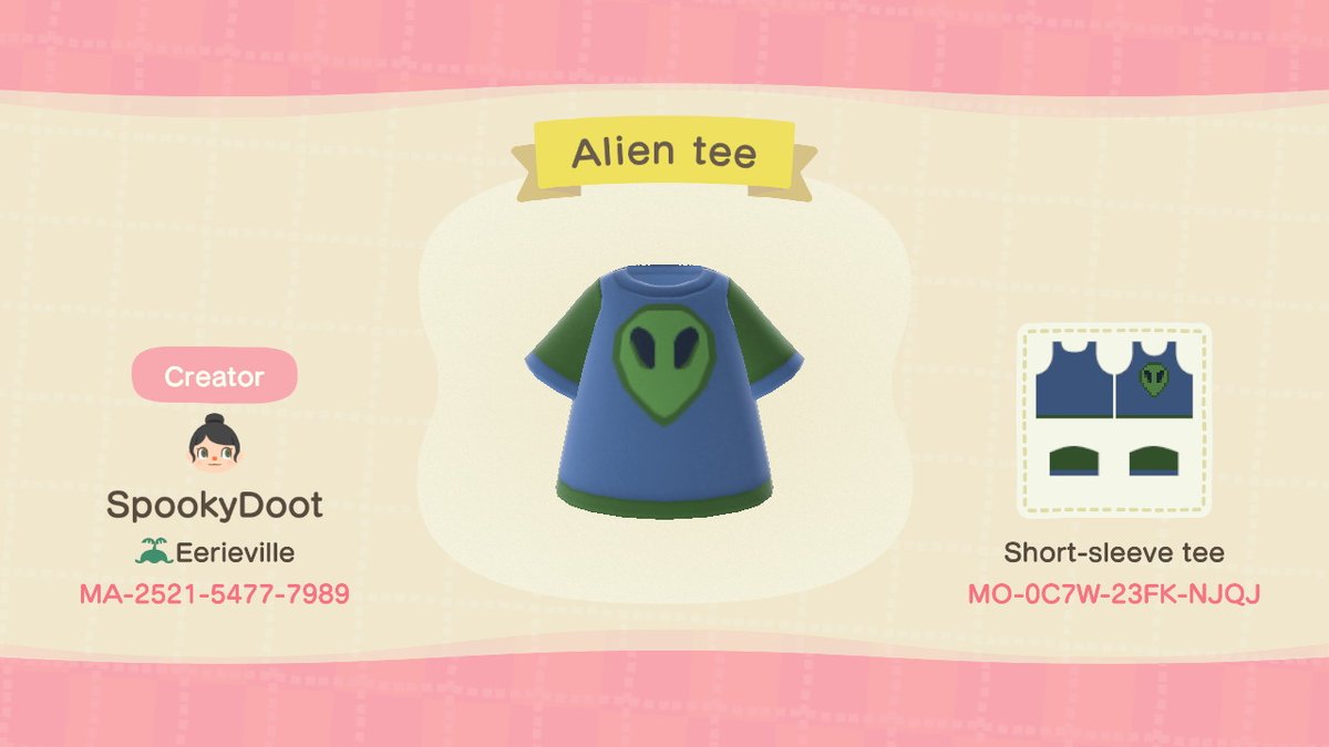 I'm going to keep adding new clothing designs to this thread to keep track of them. My newest clothing item is this Alien t-shirt.  #AnimalCrossing    #ACNHDesign  #ACNH  