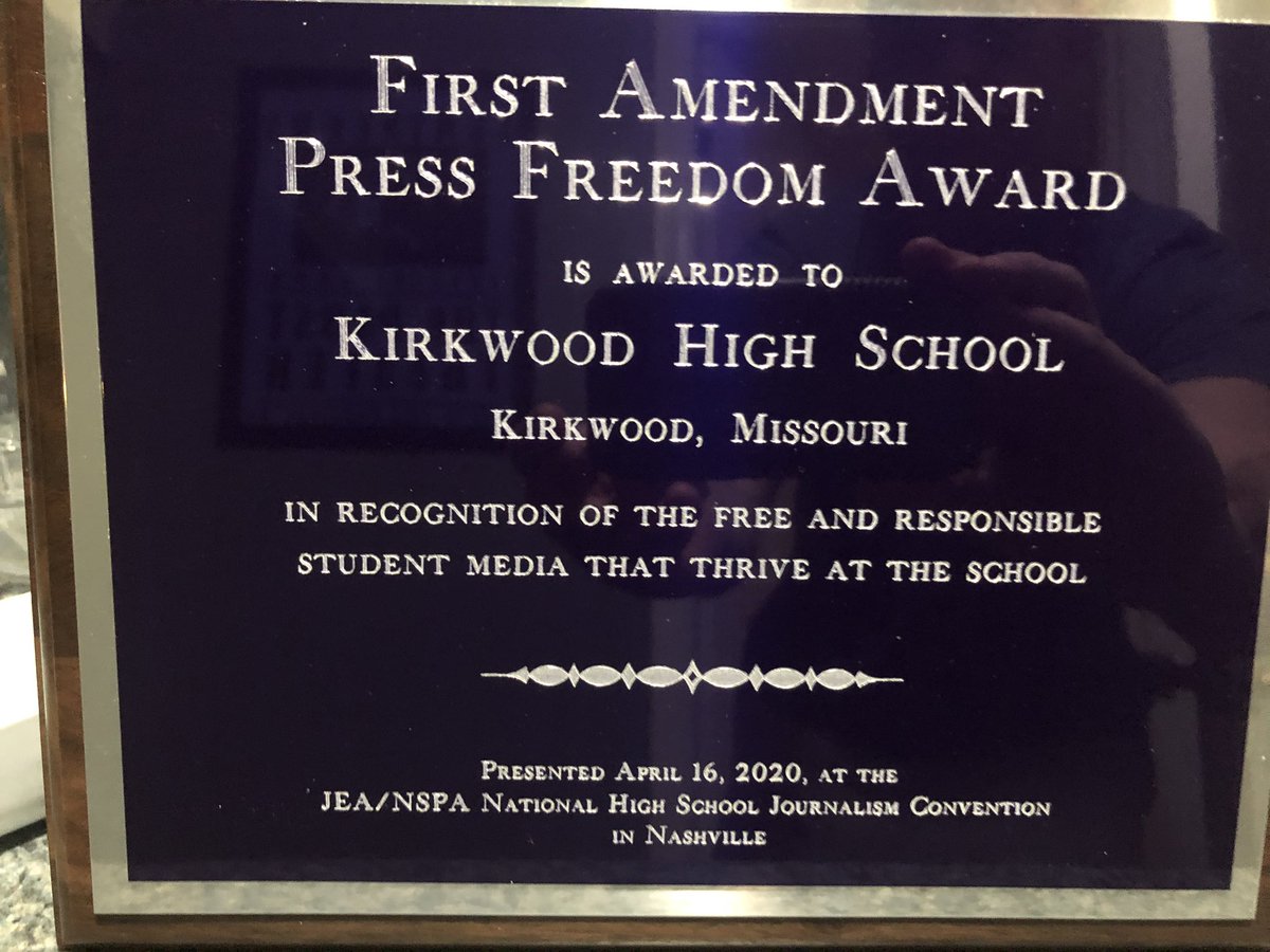 Congrats <a href="/mike_havener/">MikeHavener</a> <a href="/KirkwoodHS/">Kirkwood High School</a> <a href="/TheKirkwoodCall/">The Kirkwood Call</a> <a href="/khsPioneerYbook/">Pioneer Yearbook</a> <a href="/BroadcastKhtv/">KHTV BROADCAST</a> for earning the First Amendment Press Freedom Award! Thank you for valuing and trusting kids’ voices! They need it now more than ever! <a href="/newvoicesmo/">New Voices Missouri</a> <a href="/marybtinker/">Mary Beth Tinker</a> <a href="/nationalJEA/">JEA</a> <a href="/MissouriJEA/">Missouri JEA</a> <a href="/NSPA/">National Scholastic Press Association</a>