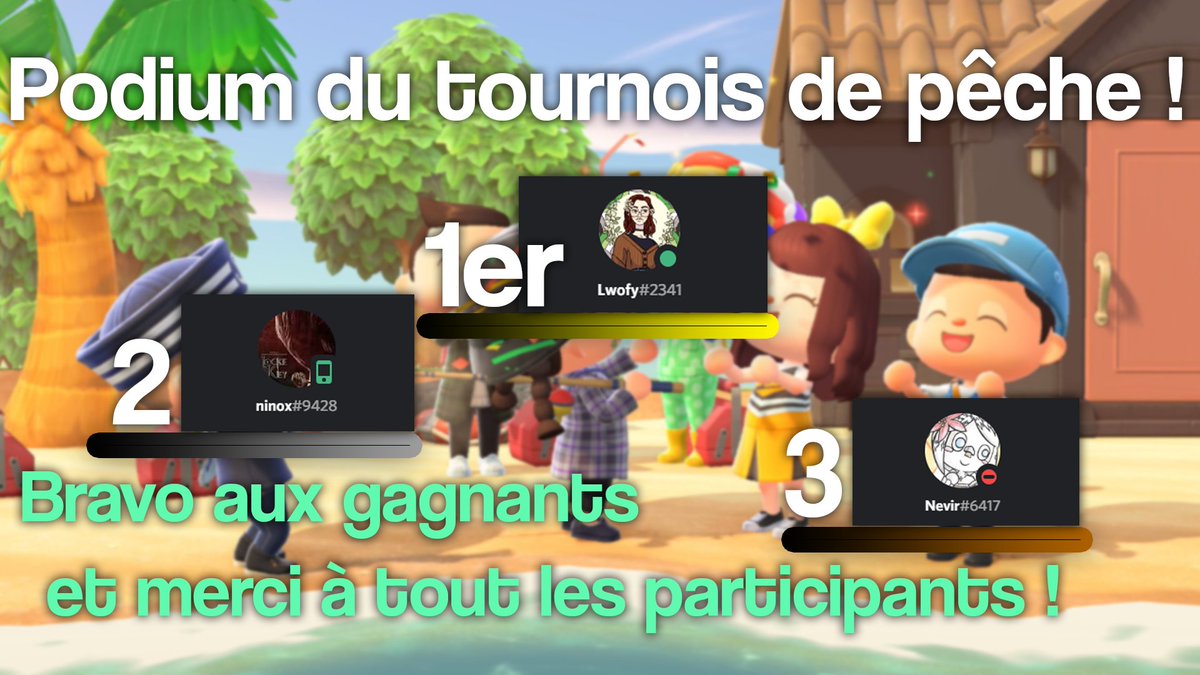 Merci à tous les participants de cet Event c'était très cool on va refaire ça vite ! 🥳
Voici les trois gagnants du Premier tournoi de l'Observatoire sur #ACNH ! 🎣
Pour nous rejoindre : discord.gg/7a8krQp 👈
#AnimalCrossingNewHorizons #AnimalCrossing