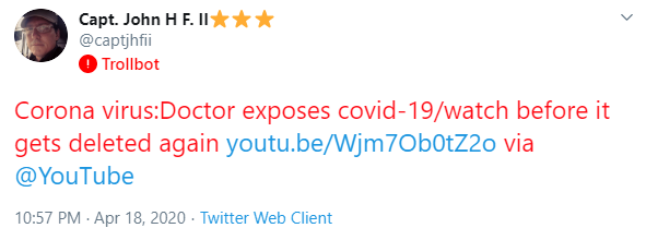 The first example is an account that shared a video of a doctor who falsely claims COVID-19 is a hoax and other bizarre nonsense. YouTube eventually deleted the video, but the Twitter account sharing the link is still active. Twitter didn’t prevent the link from being shared...