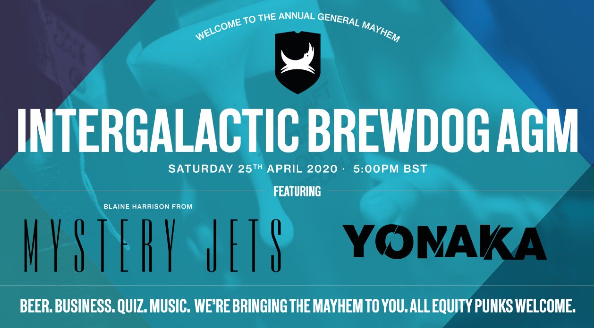 BrewDog's tweet photo. 🍺 WE'RE LIVE ON YOUTUBE 🍺

Tune in now to the Intergalactic #BrewDogAGM for live music, big BrewDog updates, a quiz and PLENTY of beer!

https://t.co/zDzZURt9Pp https://t.co/efCYcxcpDN