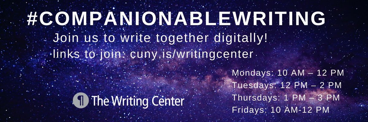 WritingCenterGC's tweet photo. #CompanionableWriting starts in a half hour! Join us on zoom for some accountable writing time. @GC_CUNY https://t.co/IE8z4qlegq