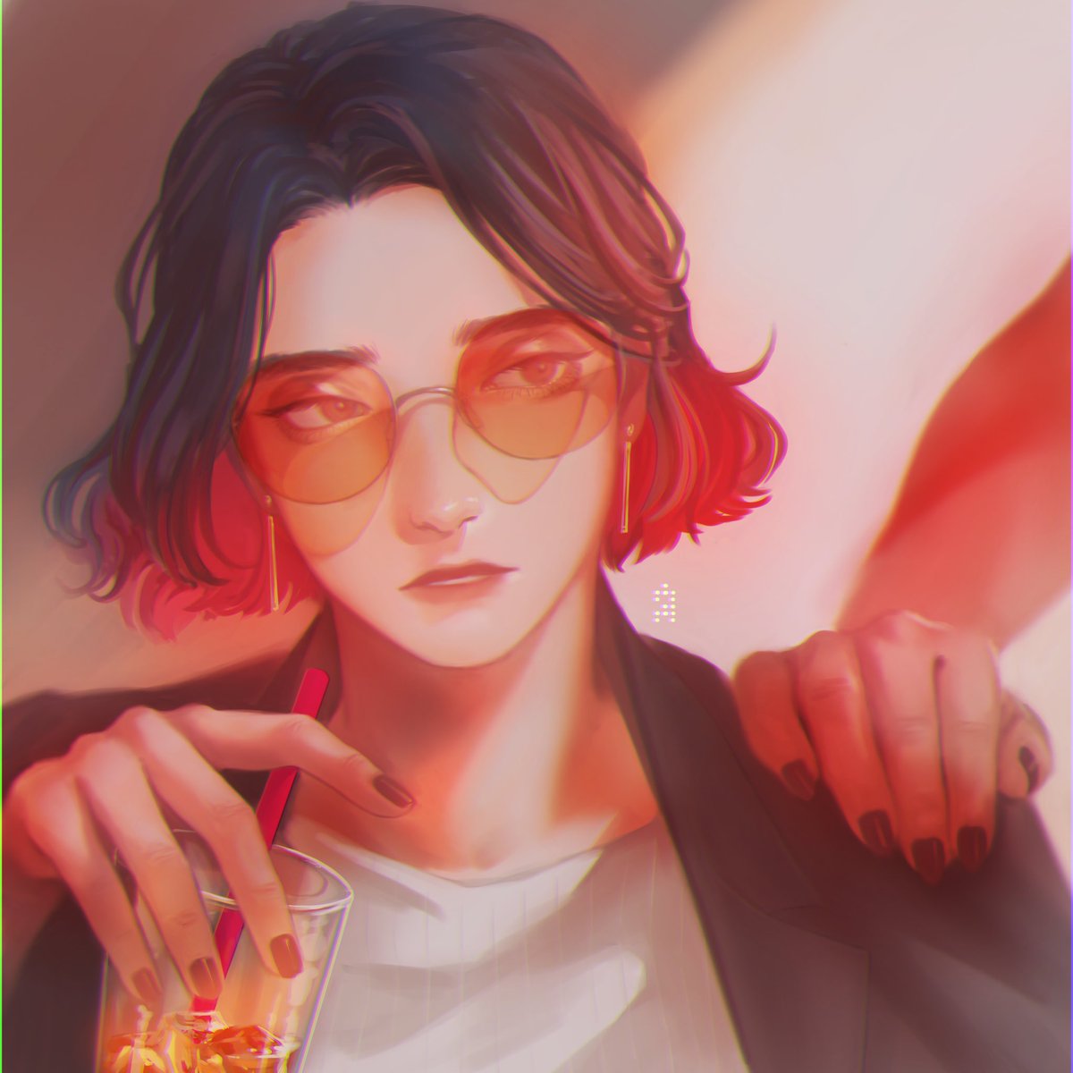 tinted eyewear 1girl short hair sunglasses cup black hair earrings  illustration images