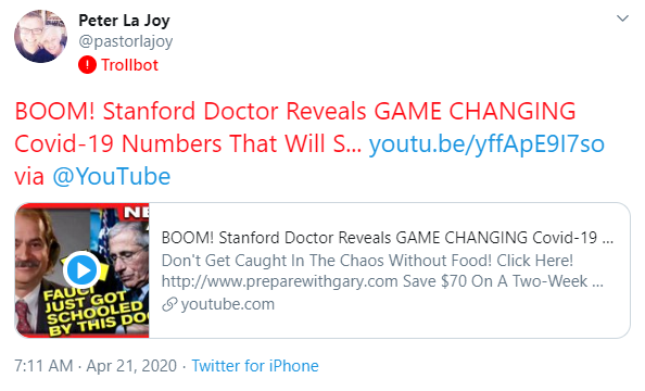 In this next example, the account is sharing a video that falsely claims COVID-19 has a mortality rate similar to the flu...