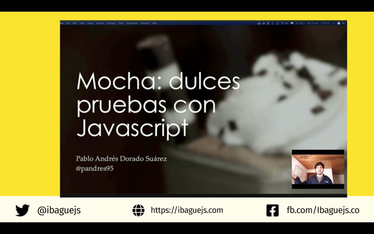 En este momento <a href="/pandres95/">Pablo Andrés Dorado Suárez 🦕🦀</a> nos habla de pruebas unitarias con Mocha, acompáñanos en twitch.tv/ibaguejs