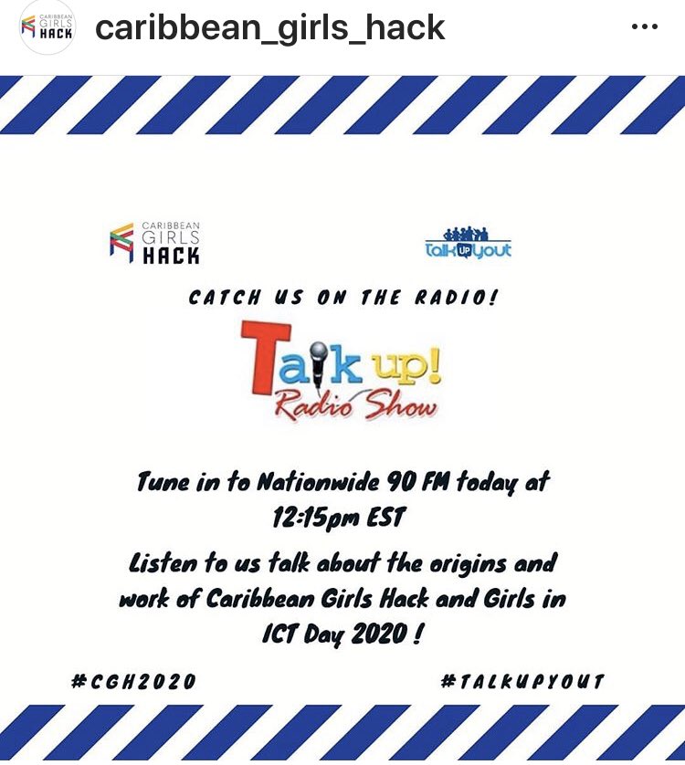 cgirlzhack's tweet image. #JamaicaToTheWorld we are live w/ @TalkUpYout TODAY at 12:15. Are you a #girlintech - yes you are! Come join #CaribbeanGirlsHack with #TechWinner #Livvy @JUTSJAM @LynnSwaby @damullingstweet @SooTangYuk @UTStudentsUnion @WomenCaribbean @QuelzSeville @pitterpnpp @bridgelewis25