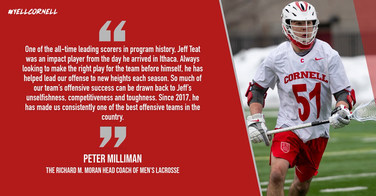 One of the best to don the Cornellian red and white, Jeff Teat was a 2x Tewaaraton Trophy nominee, 3x USILA All-American, 4x Inside Lacrosse Media All-American, and 2x unanimous first-team All-Ivy selection.  #YellCornell (: Eldon Lindsay/Cornell Athletics)