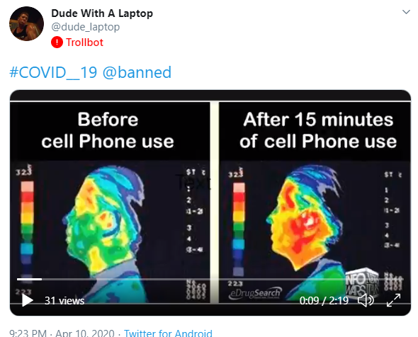 In this example, the account is sharing a video of Alex Jones pushing conspiracy theories about 5G phones and COVID-19. The video is hosted directly on Twitter...