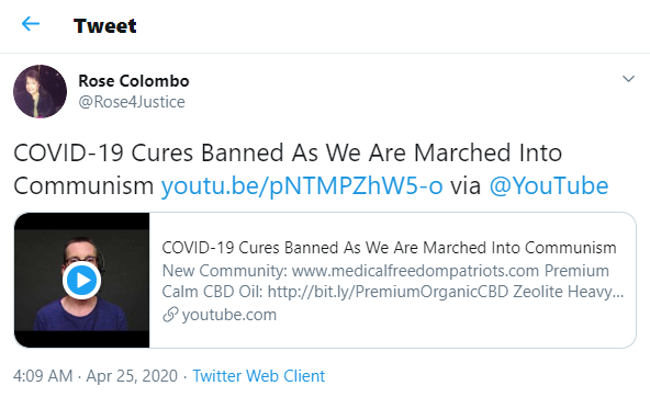 Here is another example of an account sharing a link to a video that claims YouTube is banning videos of COVID-19 cures...