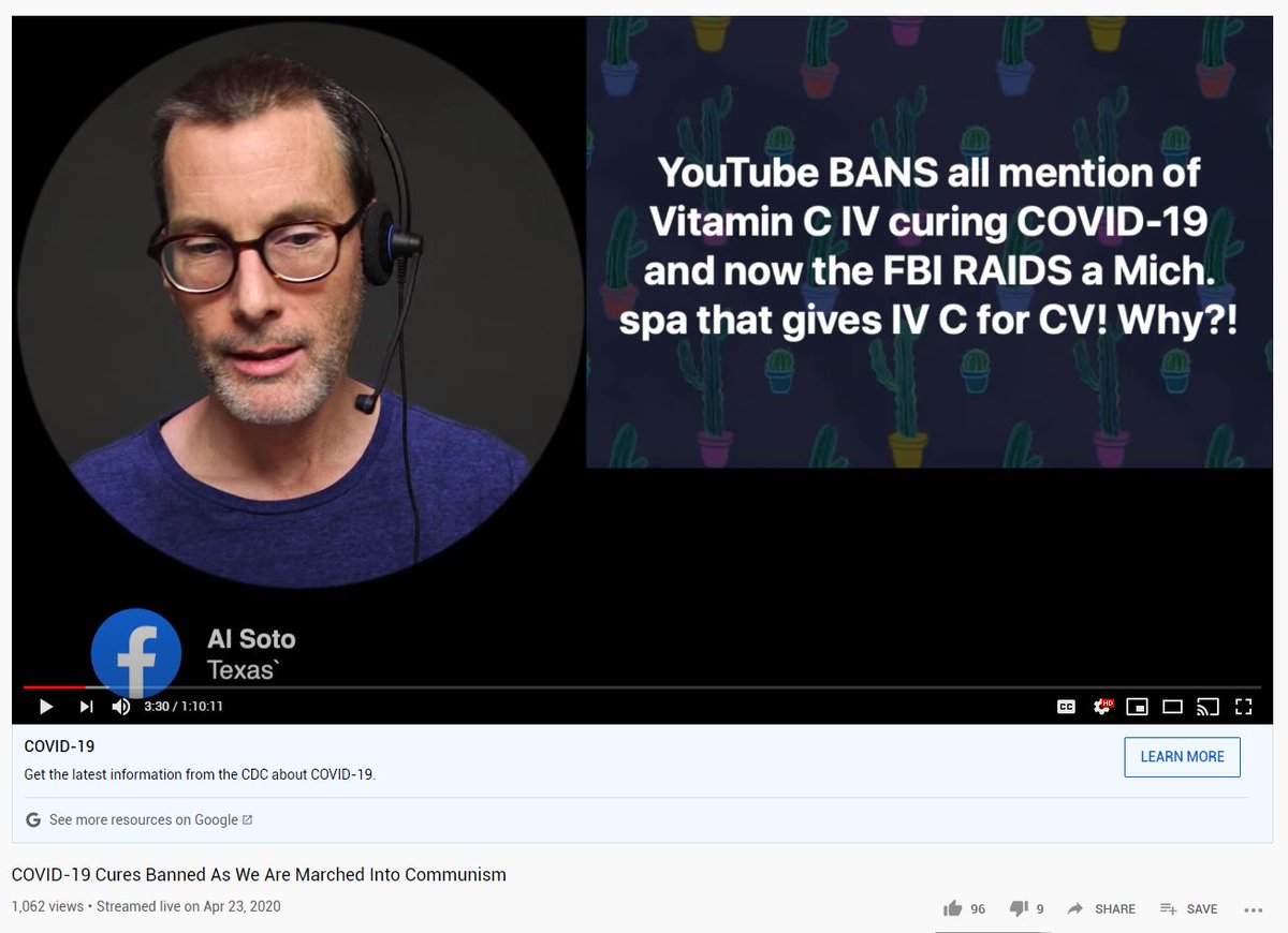 Here is another example of an account sharing a link to a video that claims YouTube is banning videos of COVID-19 cures...