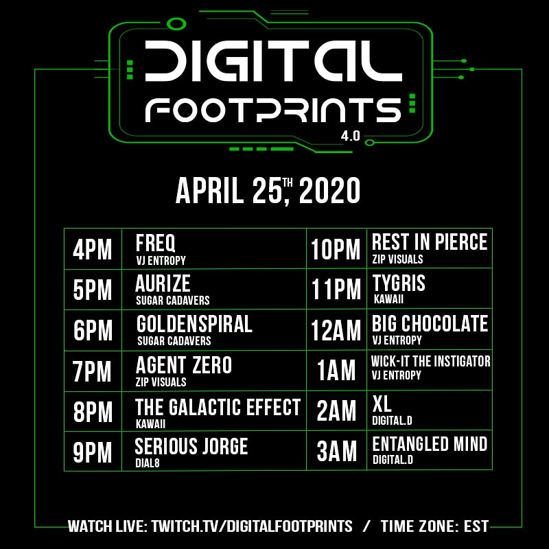 💣 Today's <a href="/DgtlFootprints/">DigitalFootprints</a> livestream schedule 💣

Join us at Twitch.TV/DigitalFootpri… from 4PM to 4AM!
