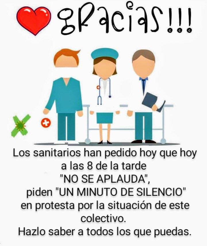 A las 20:00, hoy no vamos a aplaudir. Vamos a guardar 1 minuto de silencio por la situación en que se encuentran los profesionales sanitarios. Súmate