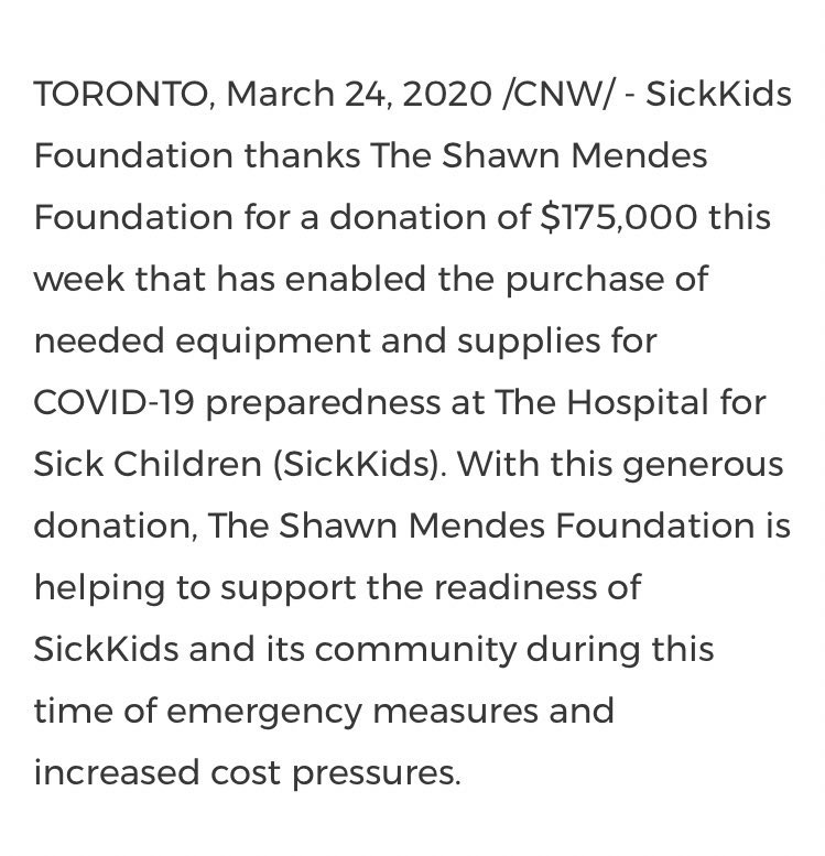 The Shawn Mendes Foundation works closely with various organisations like The SickKids Foundation, Pencils of Promise and Flow Hydration. They recently made a donation of $175,000 towards covid relief.
