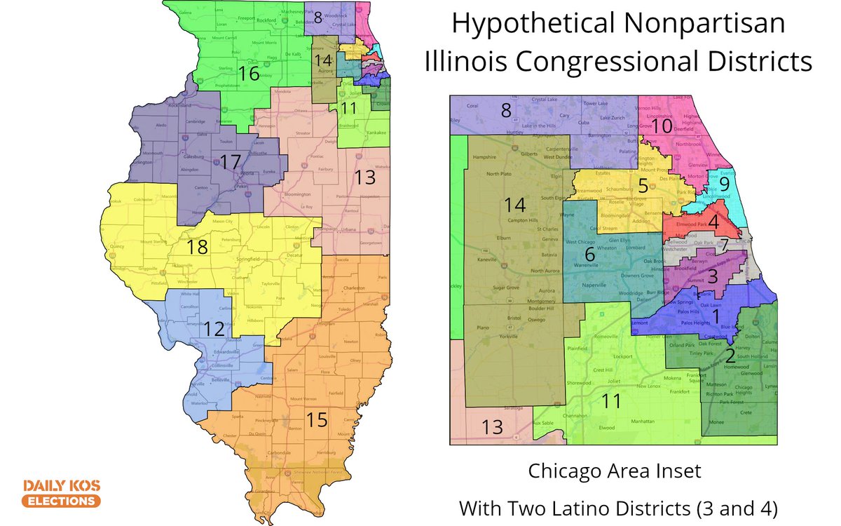 Two more hypothetical nonpartisan Illinois congressional maps for this thread. I'm still working on the election result calculations & will post them when done. Dave's Redistricting App links here (including 2016 pres/Senate): https://davesredistricting.org/join/eca35bd0-63d8-41ab-9c0c-72f6b7988cca https://davesredistricting.org/join/423d616c-4301-4c0e-a443-f4602f0b3d4b