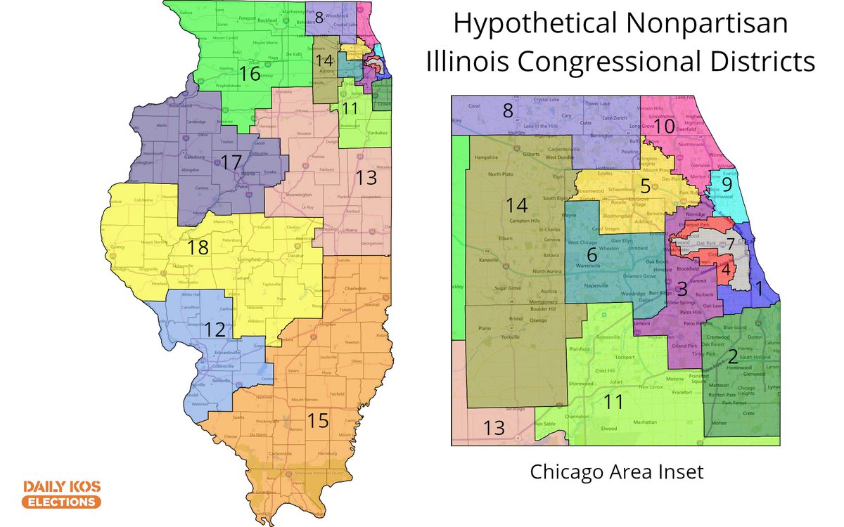 Two more hypothetical nonpartisan Illinois congressional maps for this thread. I'm still working on the election result calculations & will post them when done. Dave's Redistricting App links here (including 2016 pres/Senate): https://davesredistricting.org/join/eca35bd0-63d8-41ab-9c0c-72f6b7988cca https://davesredistricting.org/join/423d616c-4301-4c0e-a443-f4602f0b3d4b