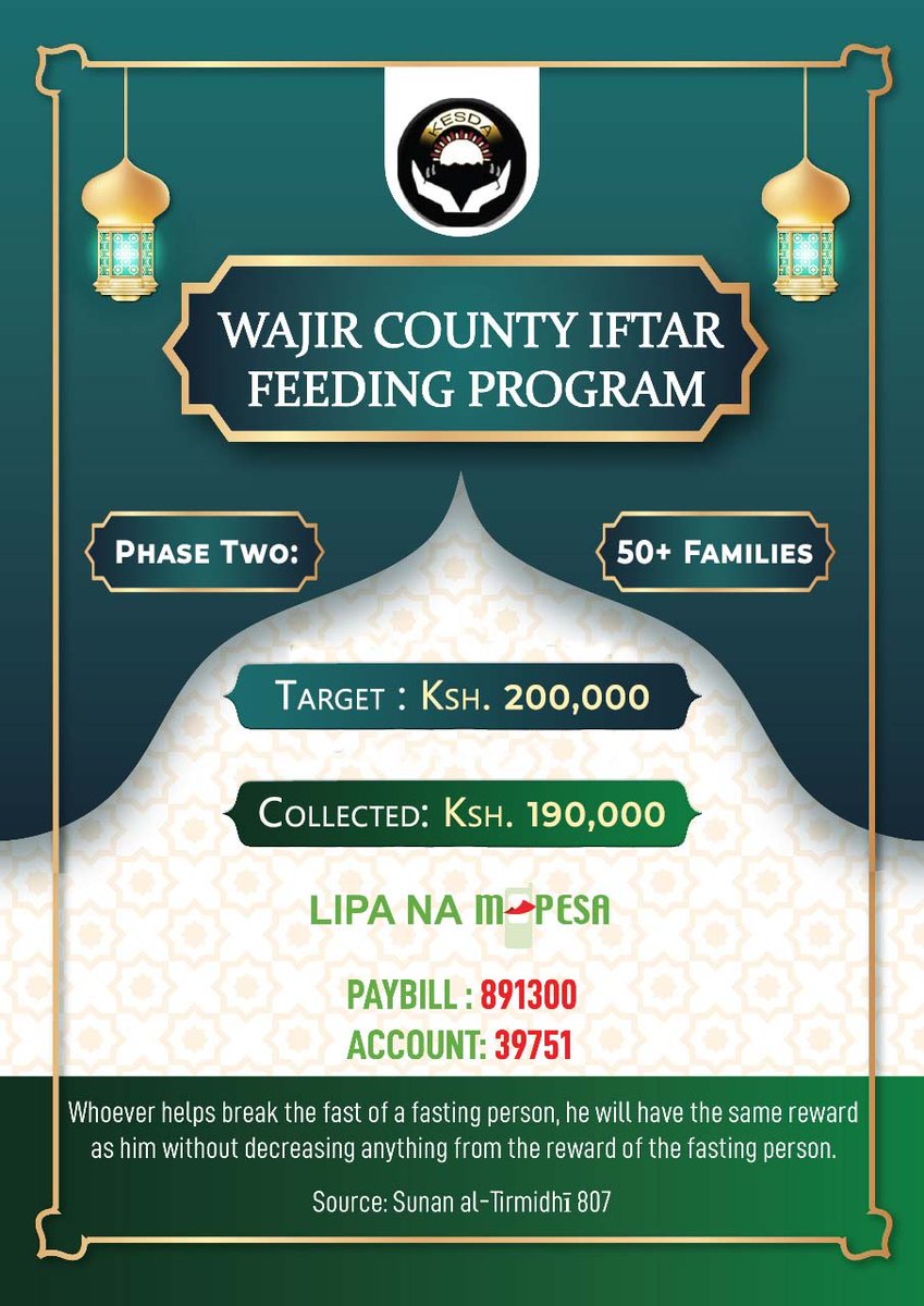 kesda_kenya's tweet photo. We are 10K less to our 200K target. InshaAllah, we are finalising  Phase II of our Iftar Feeding Program. So far, we touched the lives of 25 families. Help us support 25 more families by donating foodstuffs or as little as 10 bob to;
Paybill: 891300
https://t.co/uAGeryeXRd: 39751 https://t.co/I9UDYYy7dU