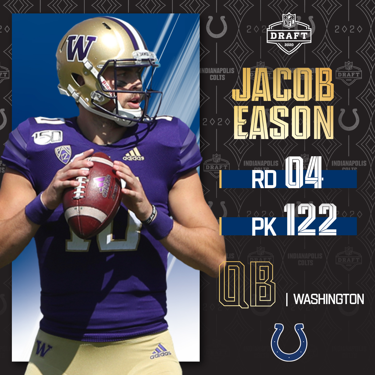 NFL's tweet photo. With the No. 122 overall pick, the @Colts select @UW_Football QB Jacob Eason!

📺: 2020 #NFLDraft on NFLN/ESPN/ABC
📱: https://t.co/G7fI4L8MxF https://t.co/N94IA3Sy0b