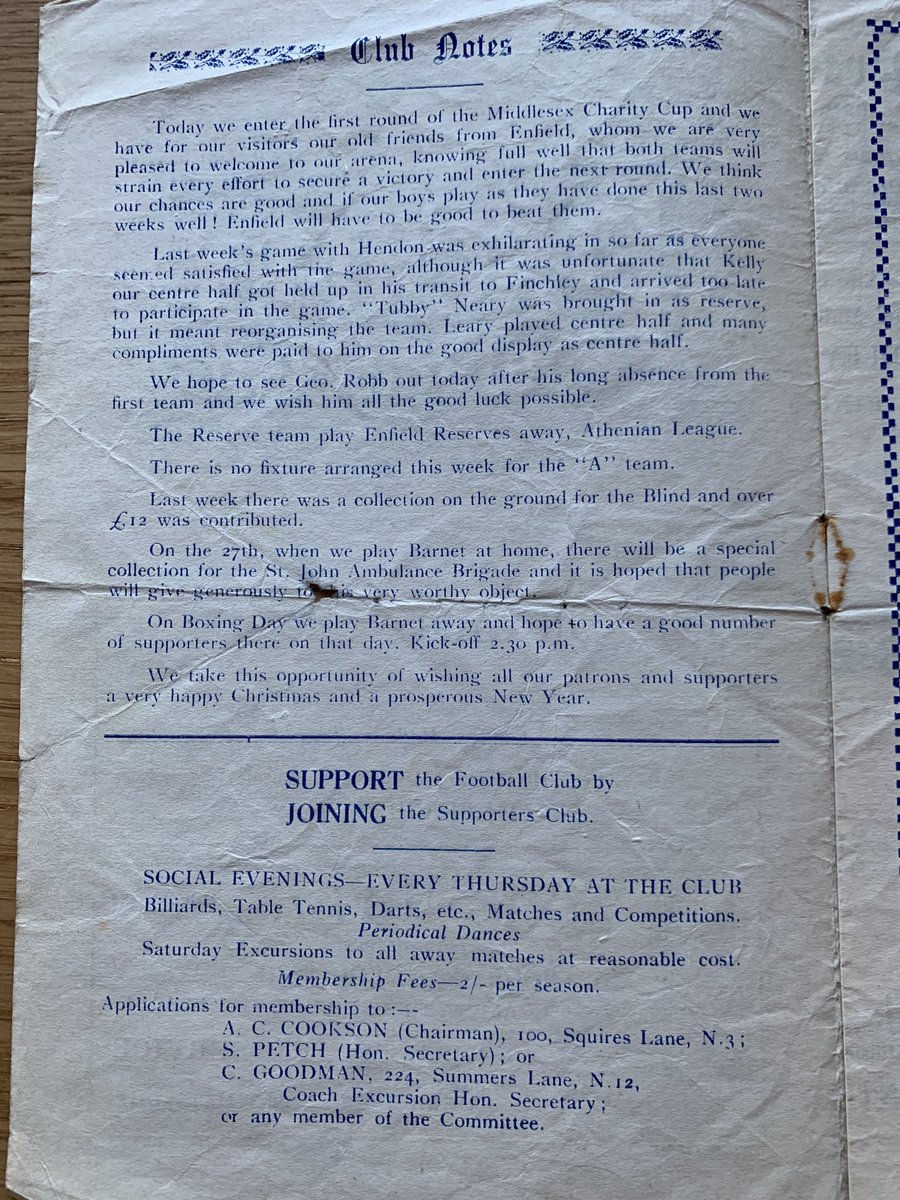 Prettyvacant64's tweet photo. December 1947 sees Finchley beat Enfield 5 3 in a Middlesex Charity Cup game ⁦@NonLgeProgs⁩ #Fprogs https://t.co/RnOjlNBF8p