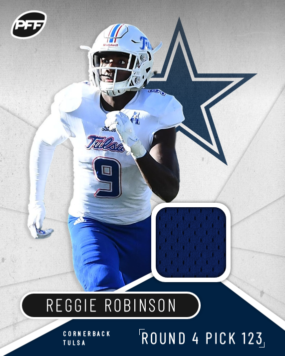 PFF's tweet photo. With the 123rd overall selection in the 2020 NFL Draft, the Dallas Cowboys select...

Reggie Robinson, CB, Tulsa https://t.co/Li9iMhsu3g