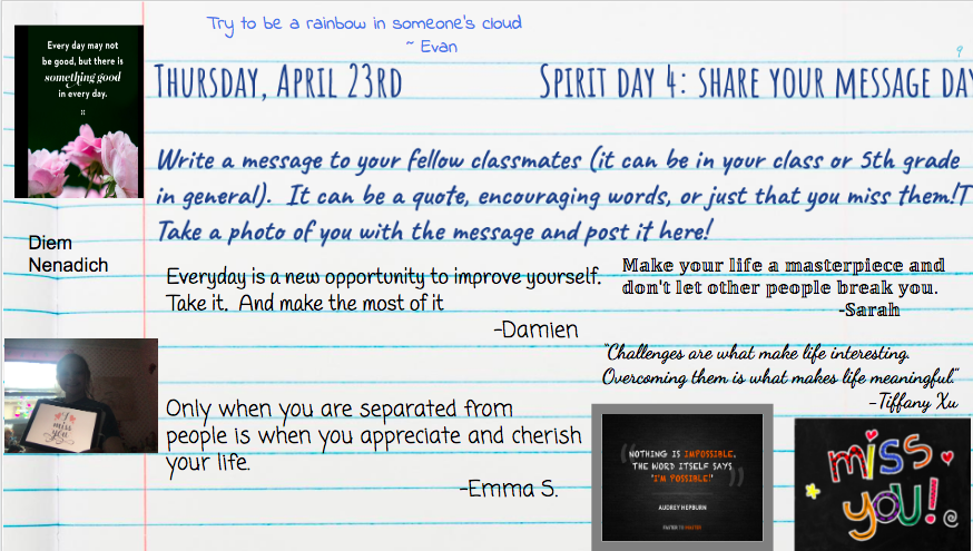 ps159q's tweet photo. On Thursday, 5th Graders chose a quote or a message they wanted to share with their fellow classmates for "Share Your Message Day!" All of of the beautiful messages and quotes were truly inspiring! @PS159_Q @ps159pta @A_Principal159Q https://t.co/J3ZkjI3Zj8