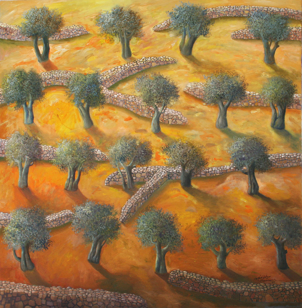 Sliman Mansour (b.1947) - Olive Field. 1980. Oil on canvas. #PalestinianArt