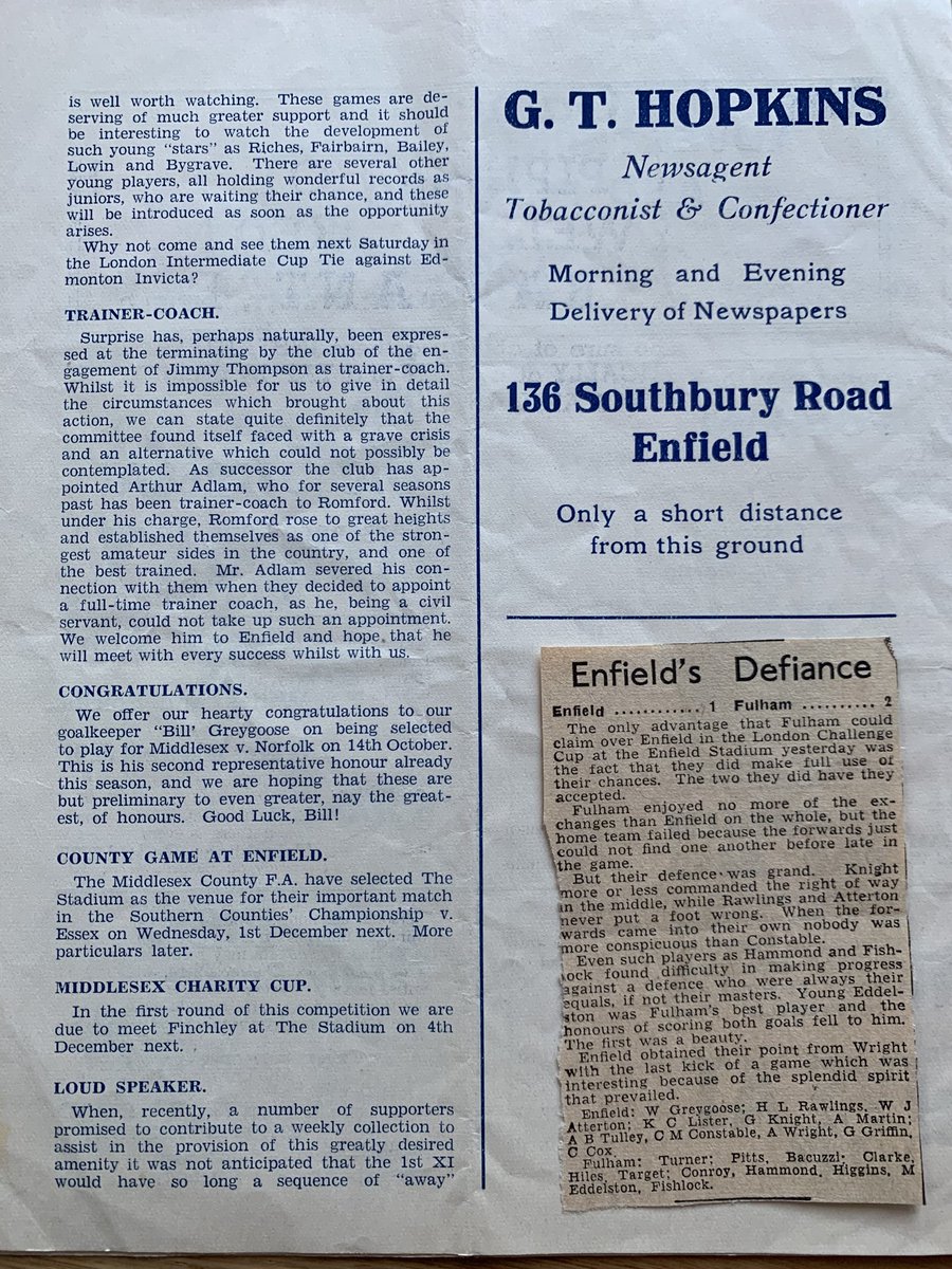 Prettyvacant64's tweet photo. In October 1937 Fulham won 2 1 at Enfield in a London Challenge Cup tie. ⁦@NonLgeProgs⁩ ⁦@FulhamFC⁩ #Fprogs https://t.co/tBT6ojEx3L