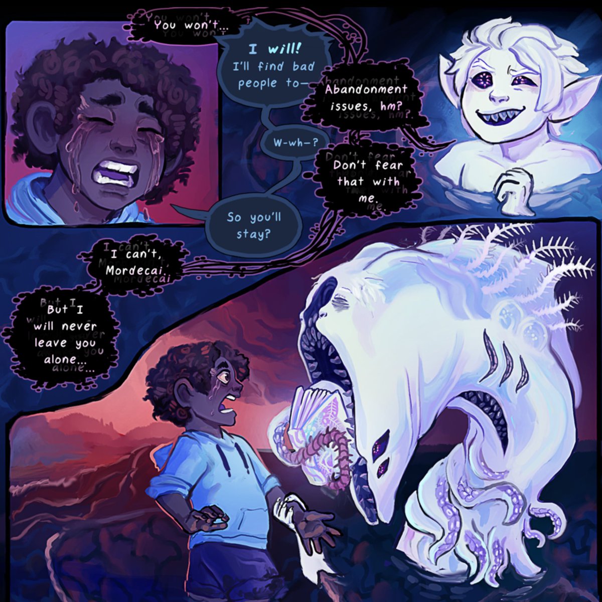 Taking a hard left into Horrorvile, next we've got Hookteeth by  @boogeymadam ! Stunning visuals, poetic gore, with plenty of mysterious characters make for a wild and satisfying ride! Read here:  https://tapas.io/series/Hookteeth