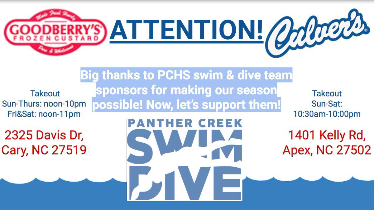 PCHSSwimDive's tweet photo. These sponsors supported us during the season and now it’s time for us to support them! Thank you @Goodberrys and @culvers! Thank you to Carolina Max Realty and Duke Sports Injury and Orthopedic Urgent Care at Apex too! #takeout https://t.co/51r7uCQTos