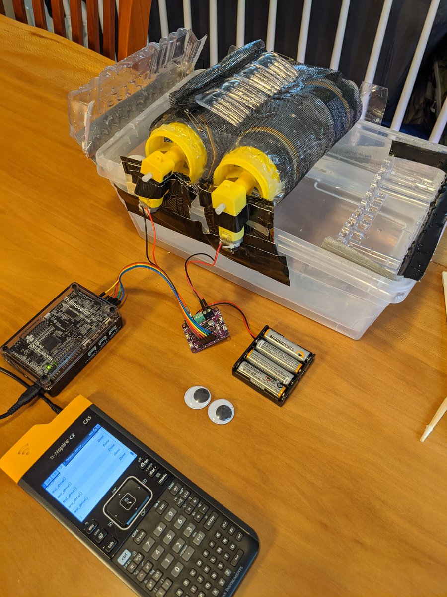 MrsKohout's tweet photo. I'm so glad I took my prototype trash interceptor home. It made for a fun morning of testing and manipulating #code to see how I could get this #MakerDrive to allow the motors move it both directions #TIInnovator 1/ https://t.co/TRAgE6WBa2