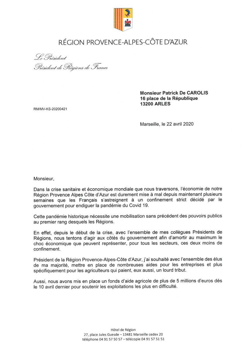 CarolisPatrick's tweet photo. #CriseCovid19 !
 Reçu ce jour le courrier de @RenaudMuselier  Président de la @MaRegionSud 
Comme annoncé en début de semaine, voici la réponse de Renaud Muselier qui a répondu favorablement à ma sollicitation et a accordé une aide de 2500€ par #éleveur de #camargue https://t.co/JMogP4fJfj