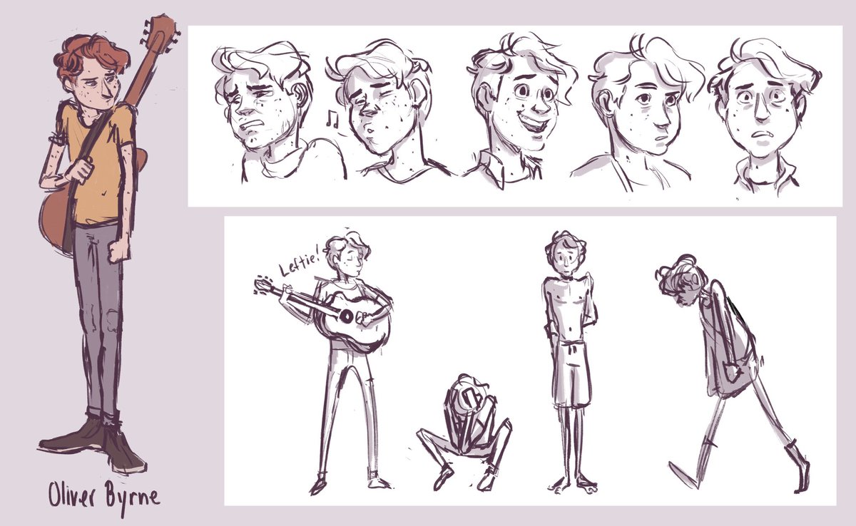 Character sheets for my animation final! (Forgot to add it to his sheet but oliver goes by he/him pronouns.) 