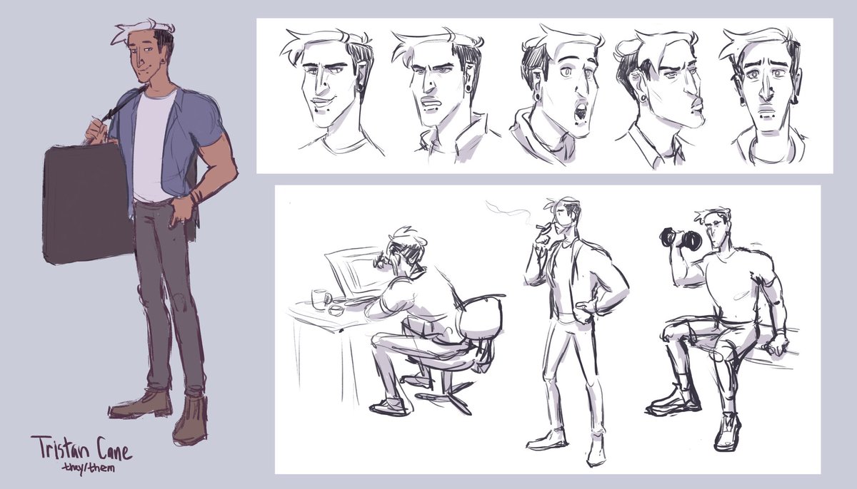 Character sheets for my animation final! (Forgot to add it to his sheet but oliver goes by he/him pronouns.) 