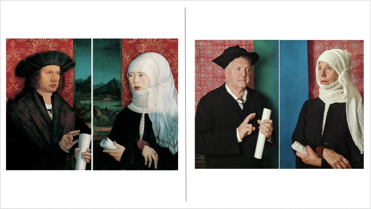 Day 37Diptych Portrait of Dr. George Tanstetter and his wife by Bernhard Strigel c.1515.Diptych Portrait of Liz Nilsson and her husband by Molly O'Cathain, 2020.  #parentalpandemicportraits