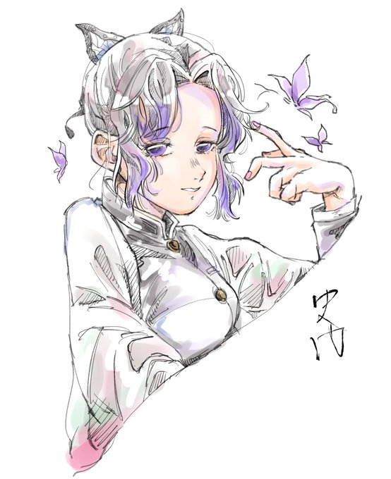 しもんきさと🍣さんがTwitterに投稿した胡蝶しのぶ(鬼滅の刃)のイラスト。