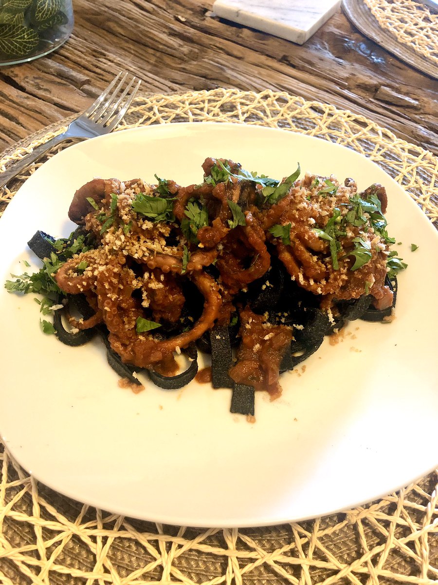 yeg_toche's tweet photo. Braised Polipetti (baby octopus) with homemade Squid Ink Fettuccine. 
#PerksOfQuarantine https://t.co/XlWWdPWG82