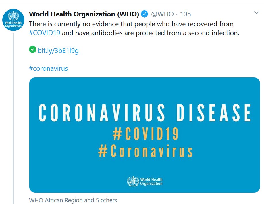 18) If this is what the Premier is truly planning, let me urge him to consider today's warning by the World Health Organization. The WHO stated that there’s “no evidence that people who have recovered from  #COVID19 and have antibodies are protected from a second infection.”